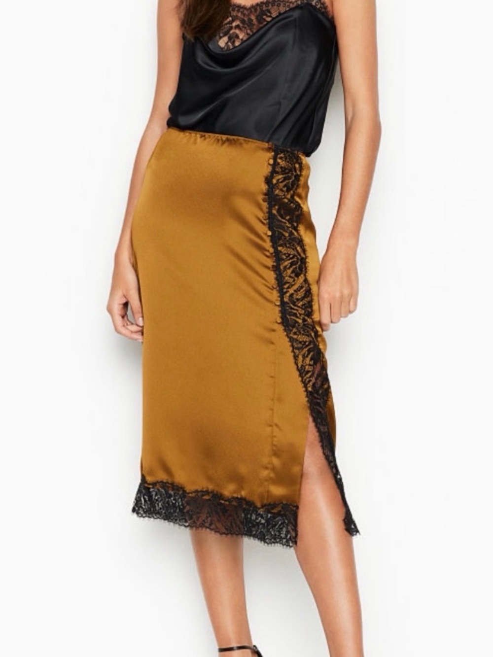Victoria's Secret Satin Midi Skirt in Mustard with Black Lace Trim